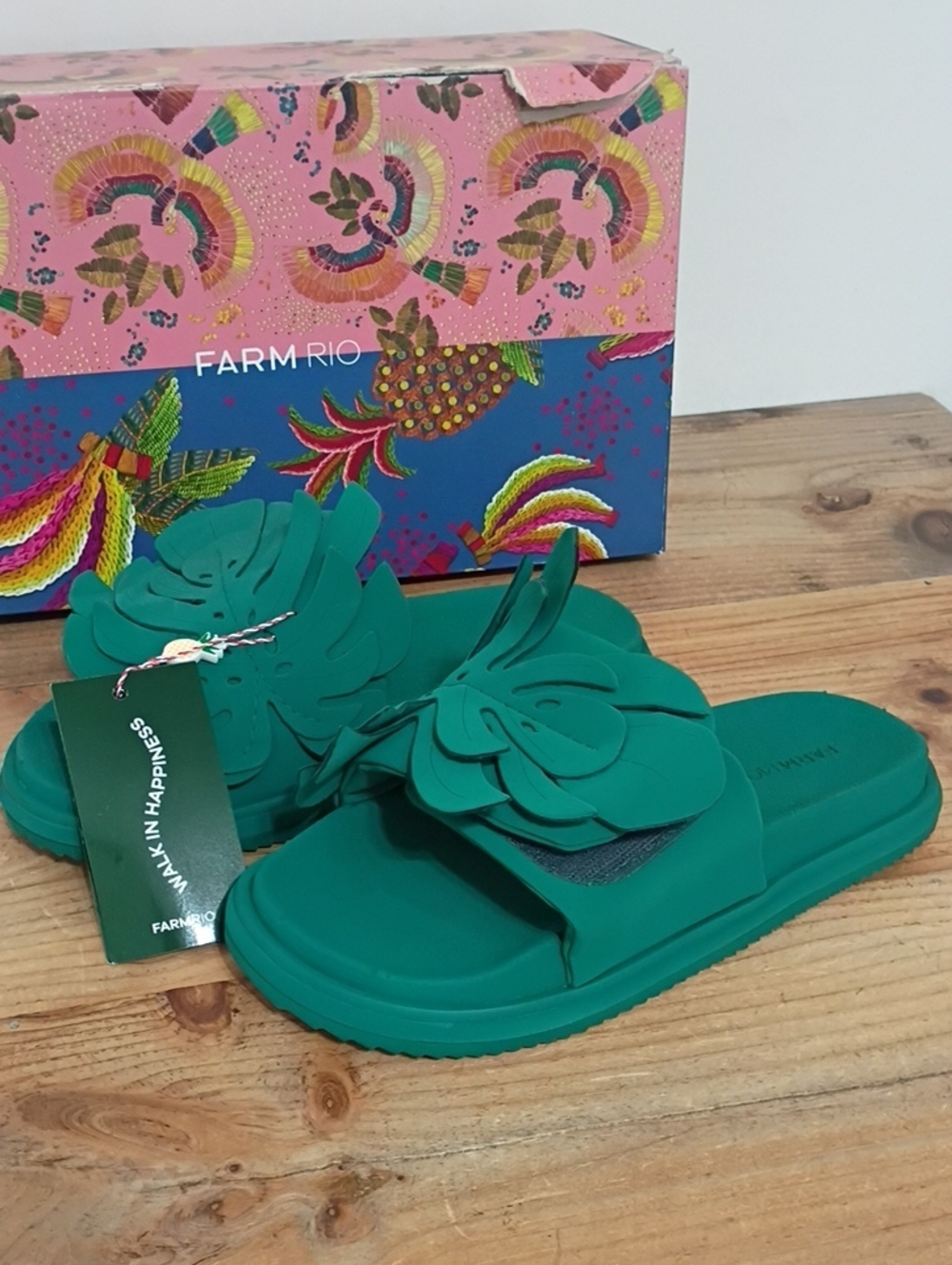 Farm Rio Green Monstera Anatomic Slide Sandals Size US 8 NWT Repaired
